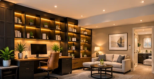 AI-generated illustrative concept of home office basement interior