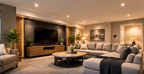 AI-generated illustrative concept of modern basement living interior