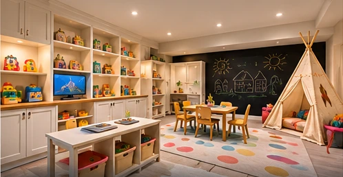 AI-generated illustrative concept of kids playroom basement interior