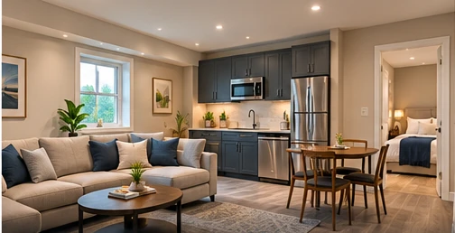 AI-generated illustrative concept of in-law suite basement interior