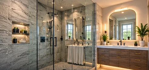 AI-generated illustrative bathroom renovation: Walk-In Shower Bathroom