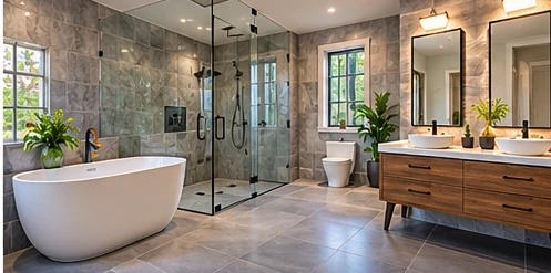AI-generated illustrative concept of bathroom tile flooring in a renovated home