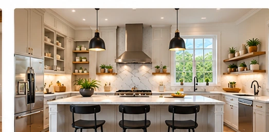 Illustrative AI-generated image of transitional kitchen renovation kitchen interior