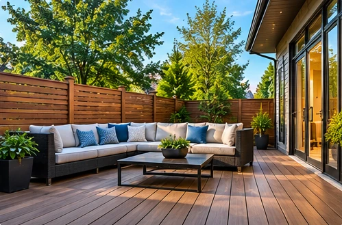 AI-generated illustrative outdoor renovation concept: wood deck, residential exterior design