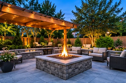 AI-generated illustrative outdoor renovation concept: stone patio, residential exterior design