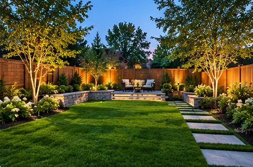 AI-generated illustrative outdoor renovation concept: backyard landscaping, residential exterior design