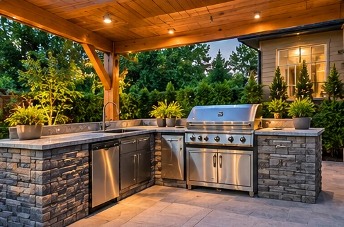 AI-generated illustrative outdoor renovation concept: outdoor kitchen, residential exterior design