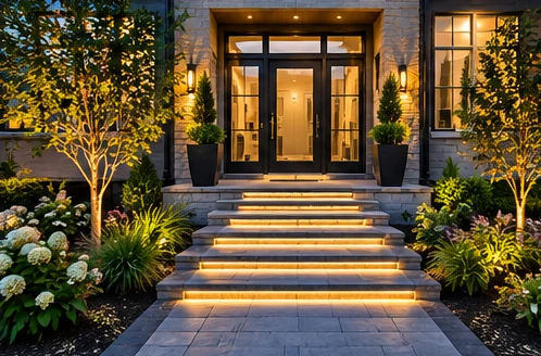 AI-generated illustrative outdoor renovation concept: front entrance upgrade, residential exterior design