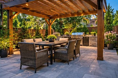 AI-generated illustrative outdoor renovation concept: patio with pergola, residential exterior design