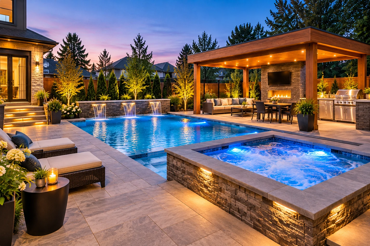 AI-generated illustrative outdoor project featuring a swimming pool and hot tub with stone patio, pergola and evening lighting