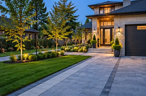 AI-generated illustrative outdoor renovation concept: driveway and walkway, residential exterior design